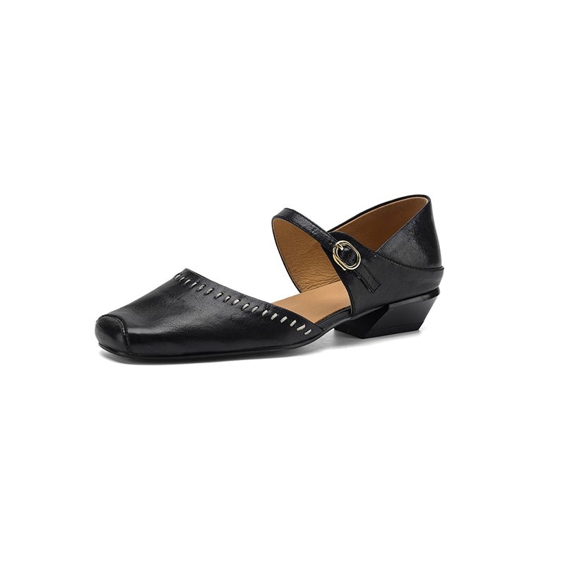 Women's Handcrafted Full-Grain Leather Mary Jane Flats, Square Toe Low Heel Shoes With Contrast Stitching - IVOIRART.COM