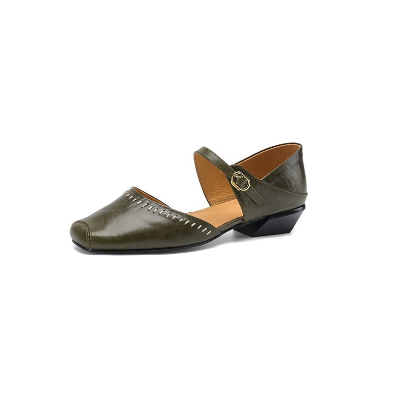 Women's Handcrafted Full-Grain Leather Mary Jane Flats, Square Toe Low Heel Shoes With Contrast Stitching - IVOIRART.COM