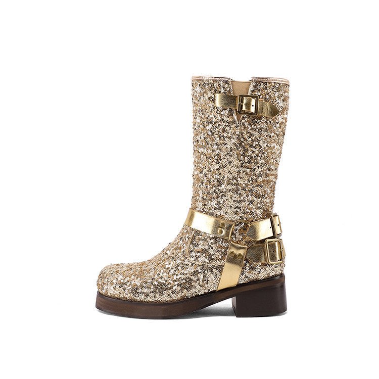 Womens Leather Mid-Calf Boots With Sequin Belt Buckles - IVOIRART.COM