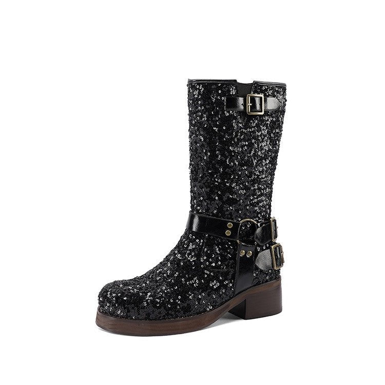 Womens Leather Mid-Calf Boots With Sequin Belt Buckles - IVOIRART.COM