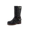 Womens Leather Mid-Calf Boots With Sequin Belt Buckles - IVOIRART.COM