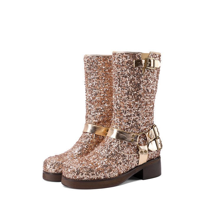 Womens Leather Mid-Calf Boots With Sequin Belt Buckles - IVOIRART.COM