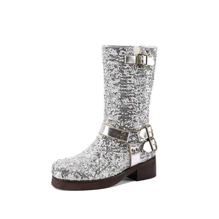 Womens Leather Mid-Calf Boots With Sequin Belt Buckles - IVOIRART.COM