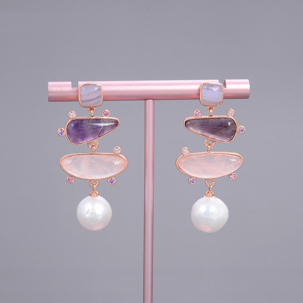 Women's Small Pendant Earrings White Pearl Blue Chalcedony Rose Quartz Amethyst - IVOIRART.COM