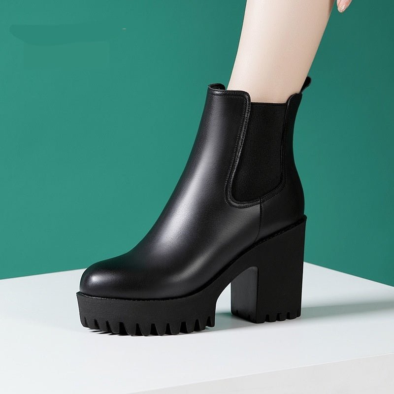 Women's Solid Color Genuine Leather High-heel Thick-heel Platform Mid-calf Boots - IVOIRART.COM