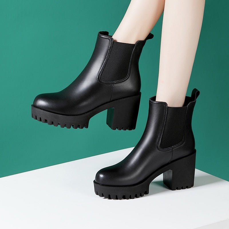 Women's Solid Color Genuine Leather High-heel Thick-heel Platform Mid-calf Boots - IVOIRART.COM