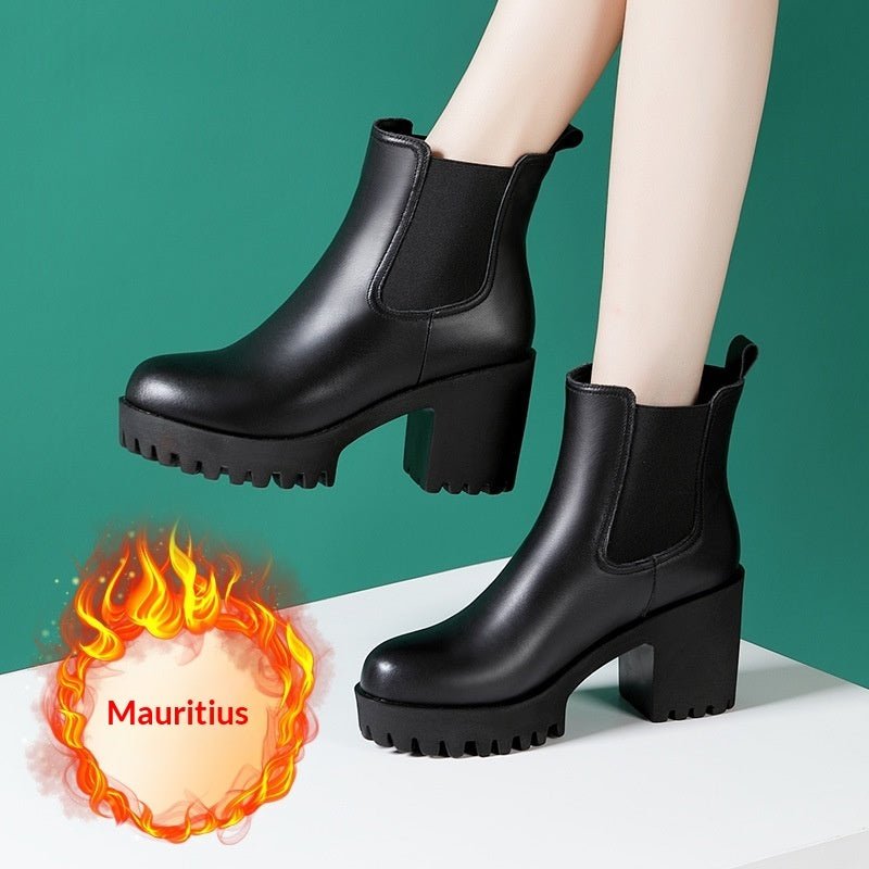 Women's Solid Color Genuine Leather High-heel Thick-heel Platform Mid-calf Boots - IVOIRART.COM