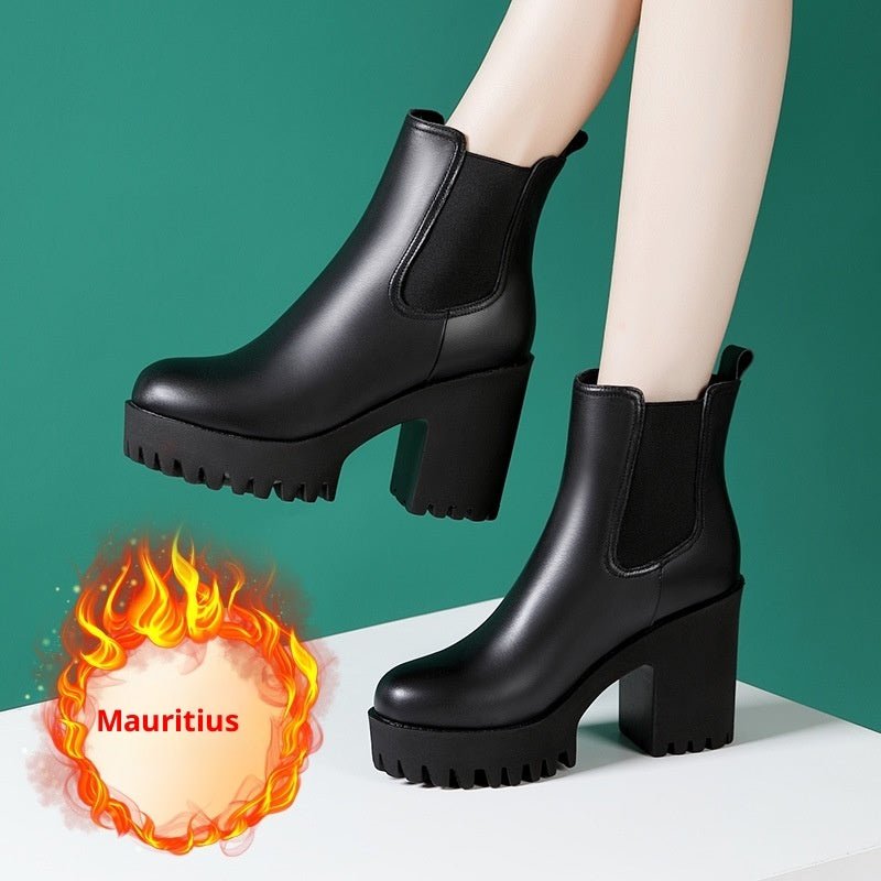 Women's Solid Color Genuine Leather High-heel Thick-heel Platform Mid-calf Boots - IVOIRART.COM
