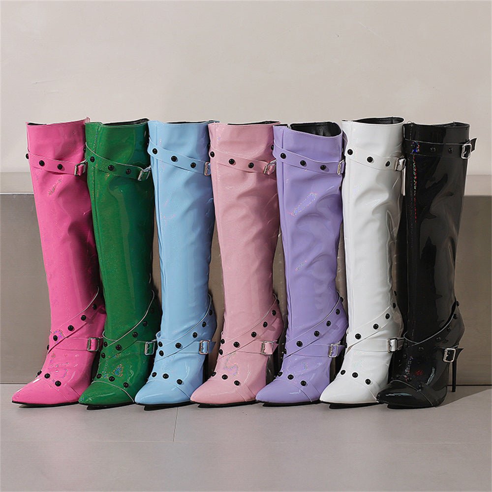 Womens Stiletto Heel Rivet Long Boots - IVOIRART.COM