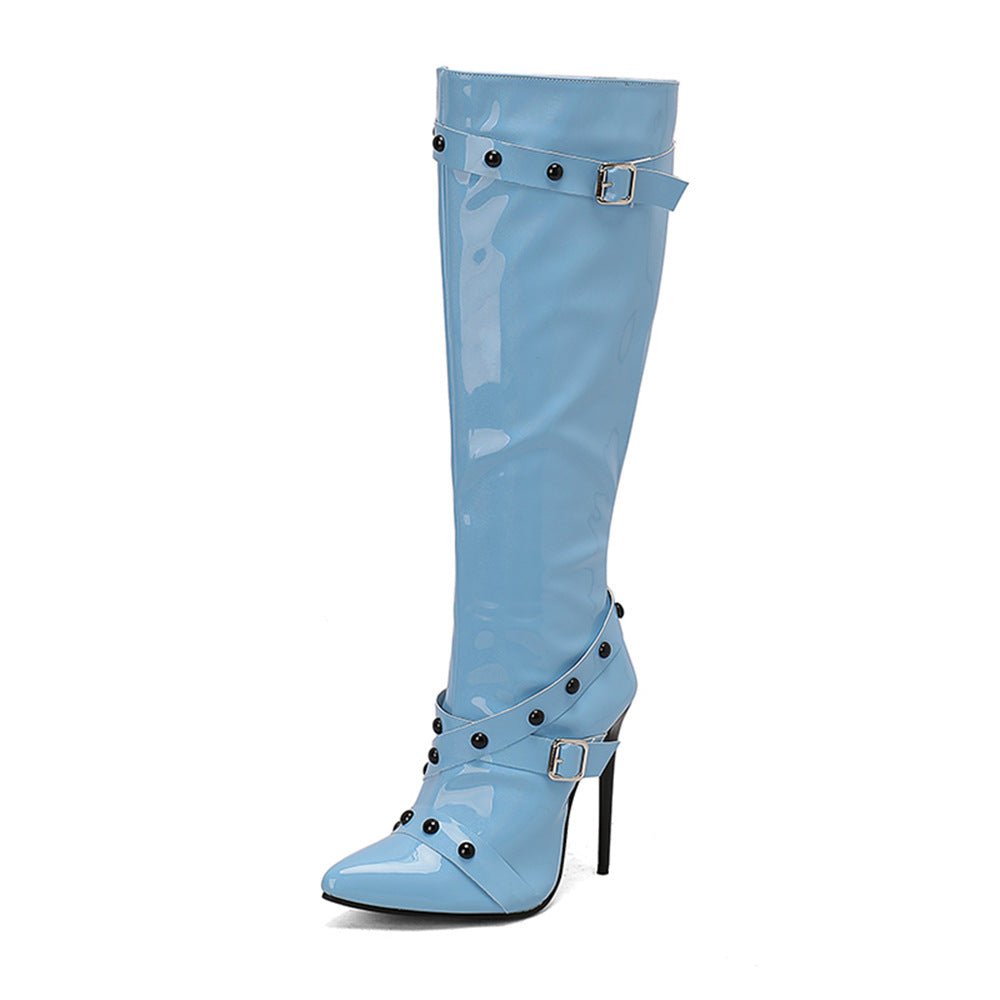 Womens Stiletto Heel Rivet Long Boots - IVOIRART.COM