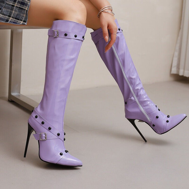 Womens Stiletto Heel Rivet Long Boots - IVOIRART.COM