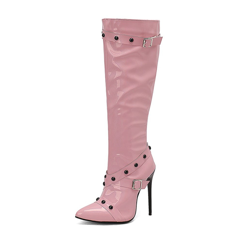 Womens Stiletto Heel Rivet Long Boots - IVOIRART.COM
