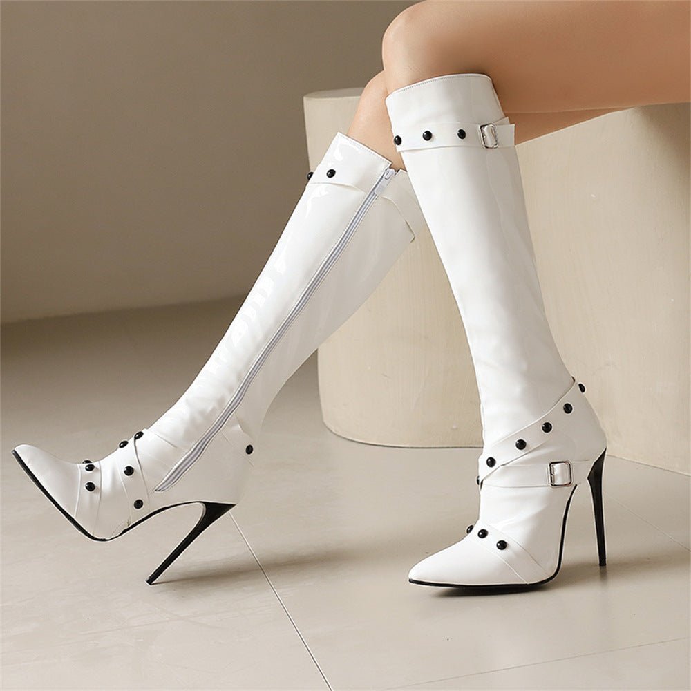 Womens Stiletto Heel Rivet Long Boots - IVOIRART.COM