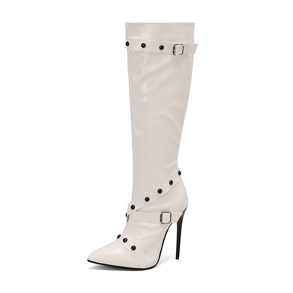 Womens Stiletto Heel Rivet Long Boots - IVOIRART.COM