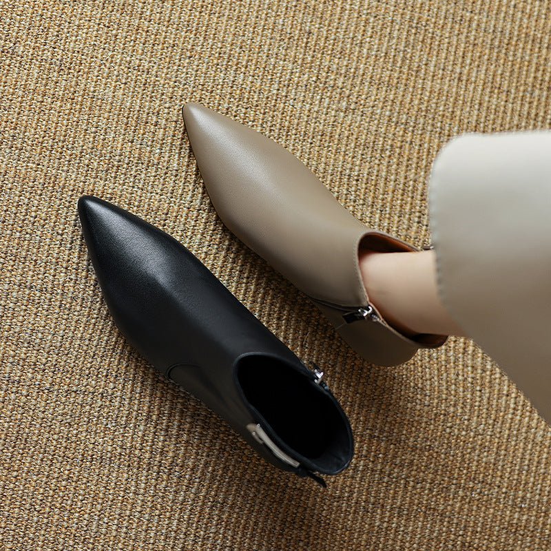 Womens Stylish Leather Pointed-Toe High-Heel Ankle Boots With Buckle Strap And Side Zipper - IVOIRART.COM