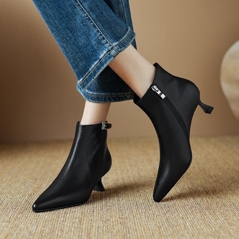 Womens Stylish Leather Pointed-Toe High-Heel Ankle Boots With Buckle Strap And Side Zipper - IVOIRART.COM
