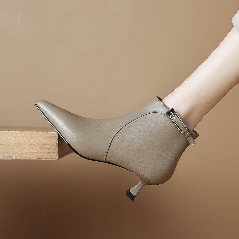 Womens Stylish Leather Pointed-Toe High-Heel Ankle Boots With Buckle Strap And Side Zipper - IVOIRART.COM