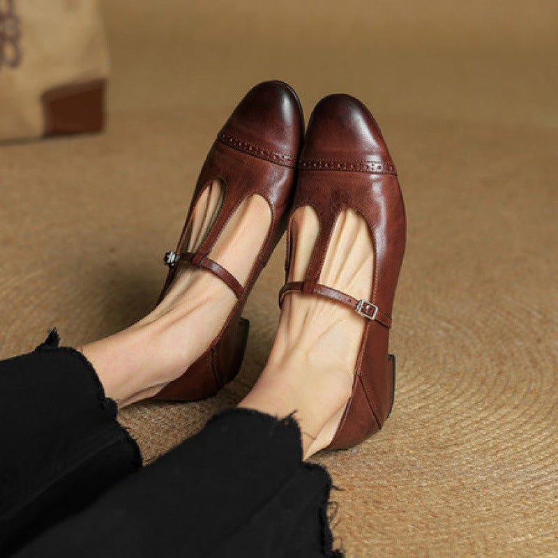 Women's T-shaped Buckle Old First Layer Cowhide Round Toe Flats - IVOIRART.COM