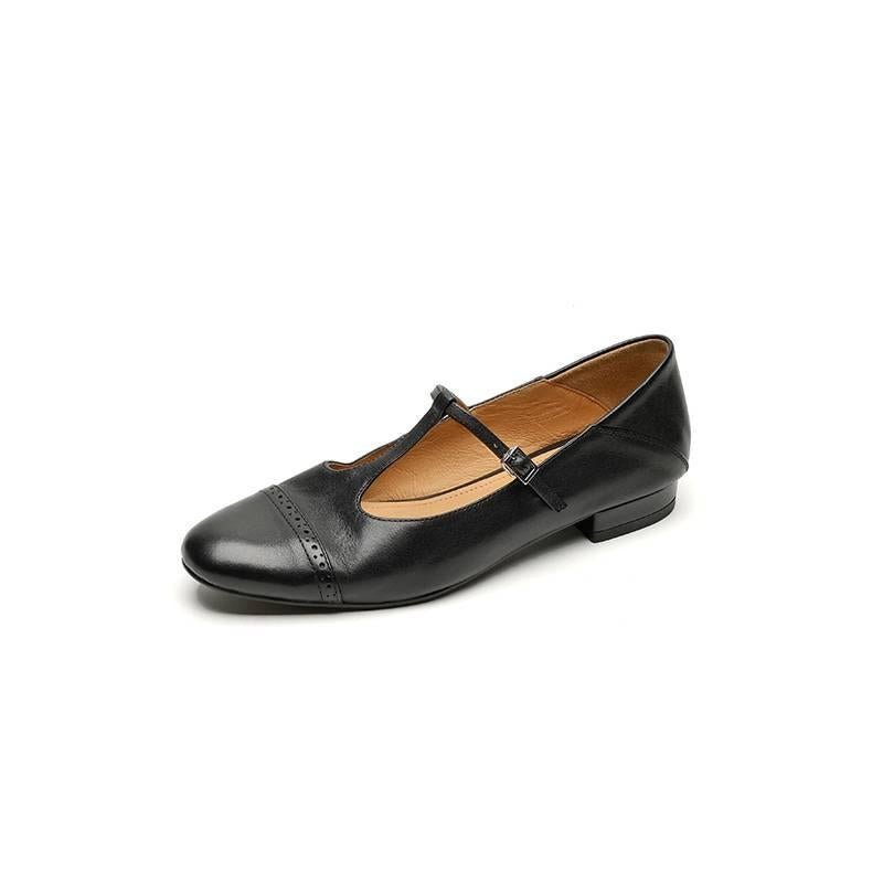 Women's T-shaped Buckle Old First Layer Cowhide Round Toe Flats - IVOIRART.COM