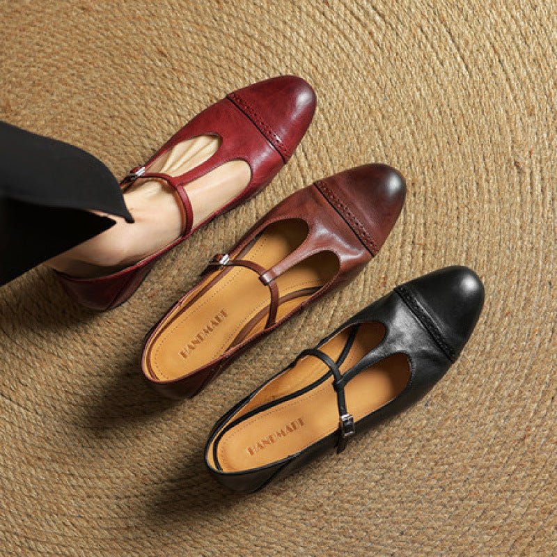 Women's T-shaped Buckle Old First Layer Cowhide Round Toe Flats - IVOIRART.COM