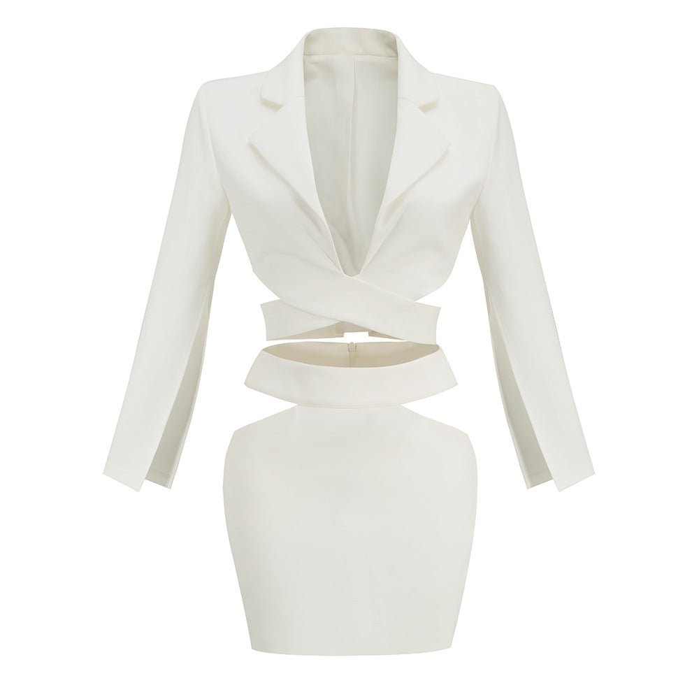Women's White Long Sleeve V Neck Small Suit Top Short Skirt Two Piece Set - IVOIRART.COM