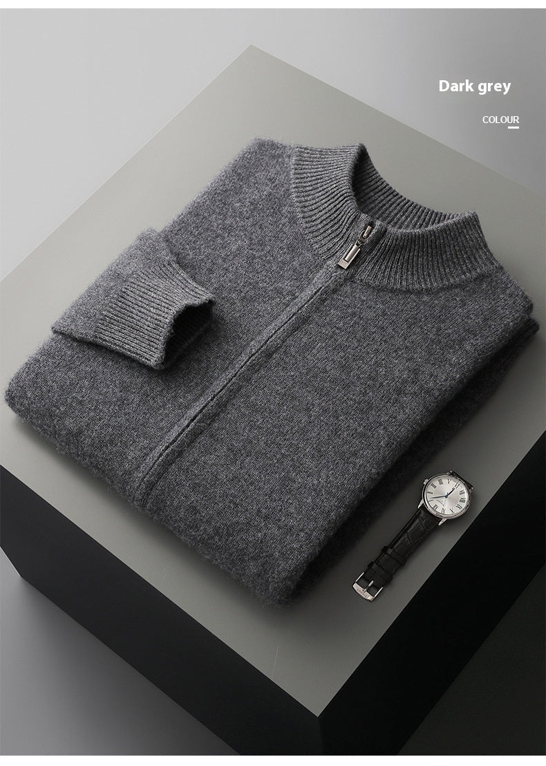 Wool Cardigan Men's Stand Collar Zipper Knitted Sweater Coat Warm And Loose Cashmere Pants Men - IVOIRART.COM