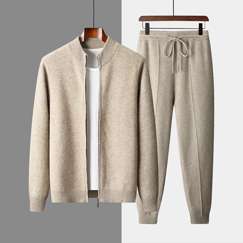 Wool Cardigan Men's Stand Collar Zipper Knitted Sweater Coat Warm And Loose Cashmere Pants Men - IVOIRART.COM
